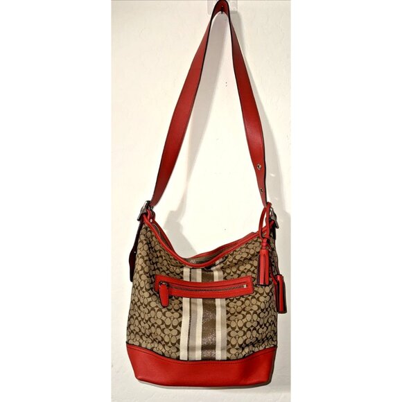 Coach Legacy Signature Stripe Orange Duffle Jacquard Leather Bag 19918 - Picture 2 of 10